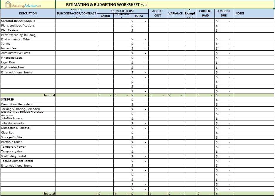 microsoft excel estimate template