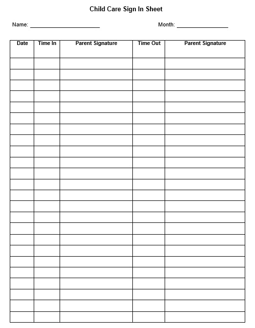 Daycare Sign In Sheet Free Printable - Printable Templates
