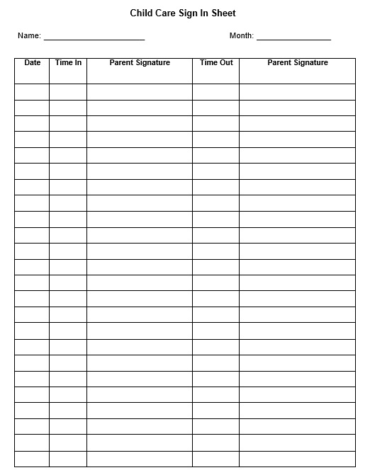 9 Free Sample Child Care Sign In Sheet Templates Printable Samples