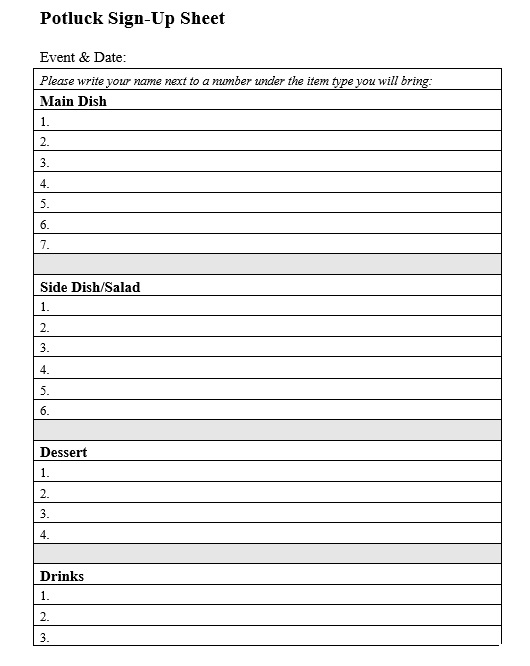 7 Free Sample Potluck Sign in Sheet Templates Printable Samples