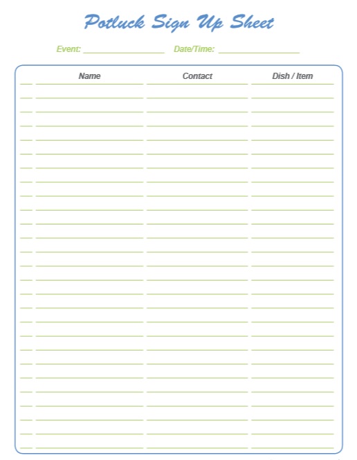 7 Free Sample Potluck Sign in Sheet Templates Printable Samples