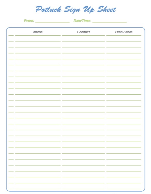 Potluck Sign Up Sheet Free Printable