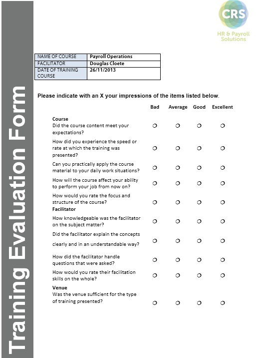 Crs Training Evaluation Form 2 Printable Samples