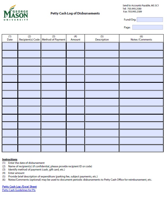 Petty Cash Log of Disbursements