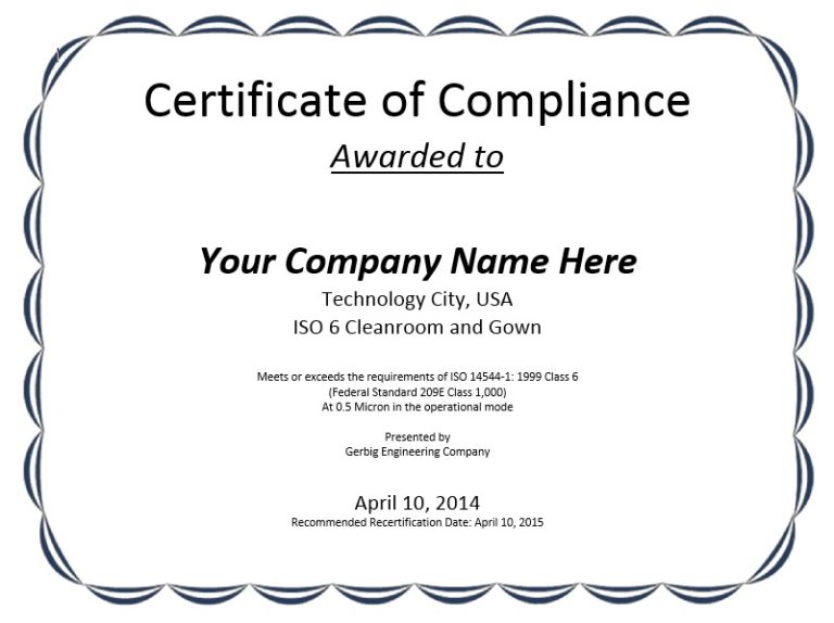 8 Free Sample Professional Compliance Certificate Templates Printable