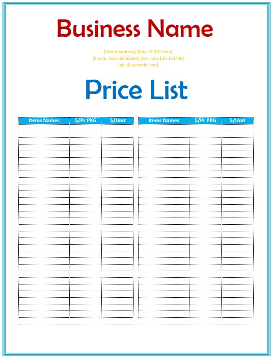 Christmas Price list template