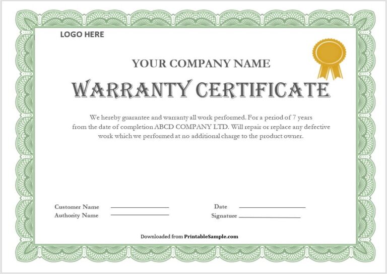 18 Free Sample Warranty Certificate Templates - Printable Samples