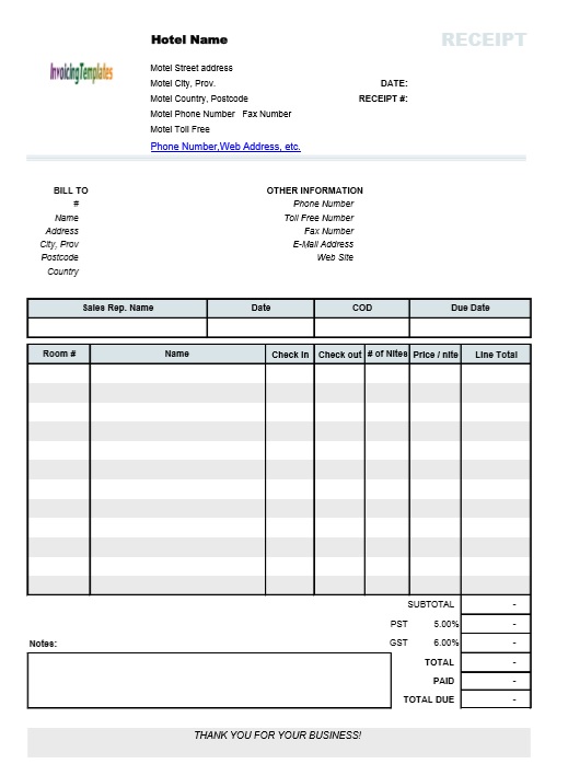 10 Free Sample Professional Hotel Invoice Templates Printable Samples