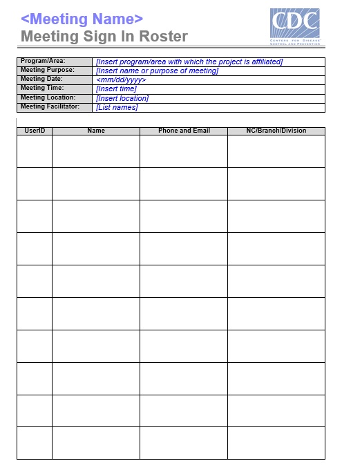 CDC UP Meeting SignIn Roster Template 1 Printable Samples