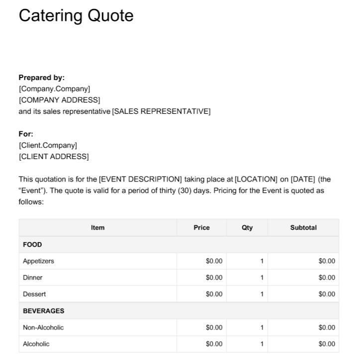 9 Free Sample Catering Quotation Templates Printable Samples