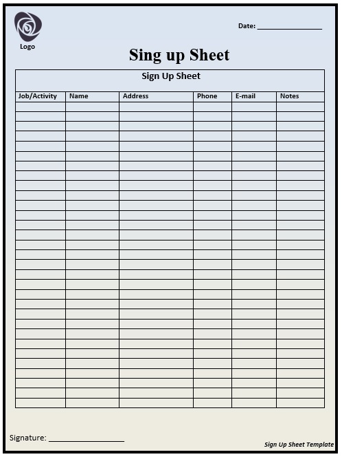 Printable Free Sign Up Sheet