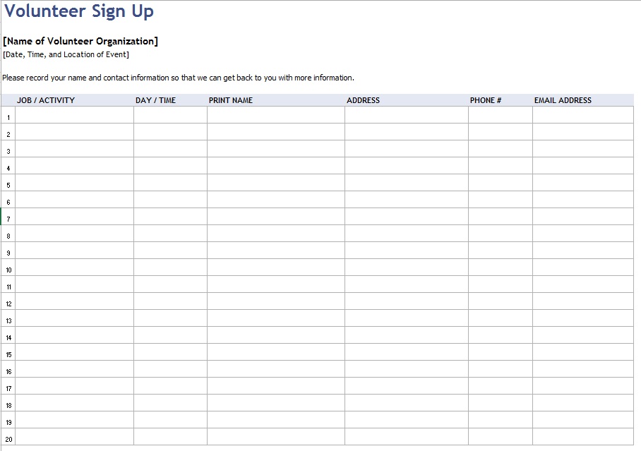 9 Free Sample Volunteer Sign Up Sheet Templates Printable Samples