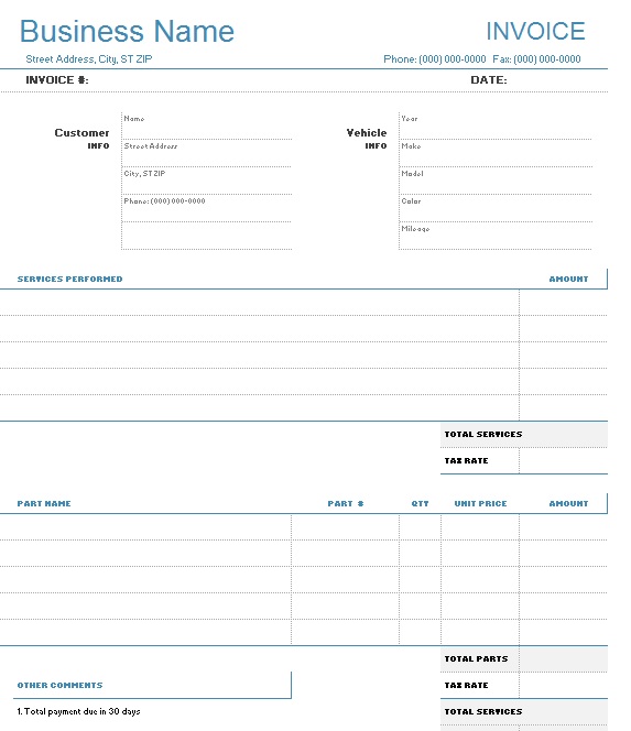 auto repair invoice template 7 printable samples