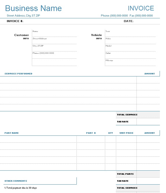 autorepairinvoicetemplate 7 Printable Samples