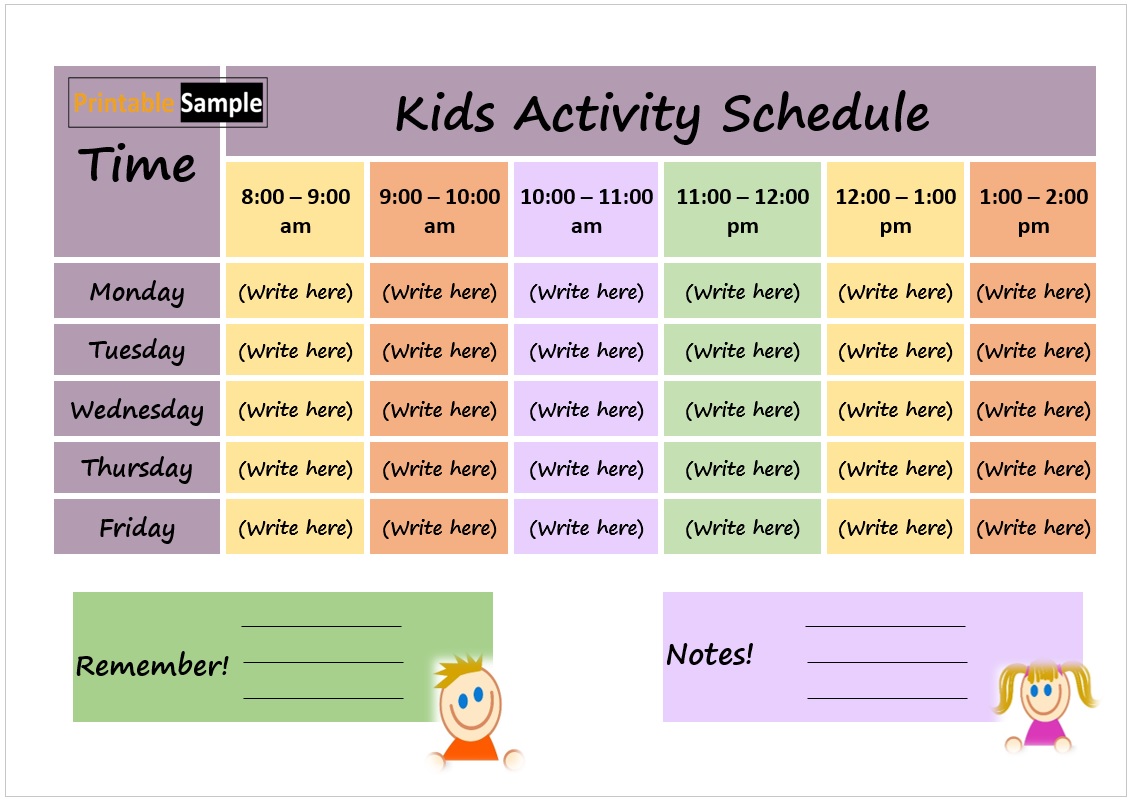 14 Free Sample Kids Activity Schedule Templates Printable Samples