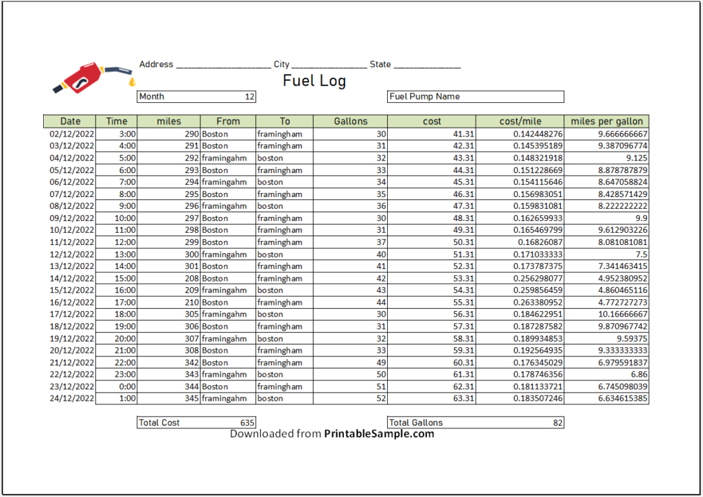 20 Free Sample Fuel Log Templates Printable Samples