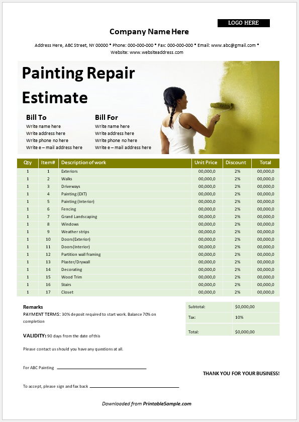 Painting Estimate Template Free Download