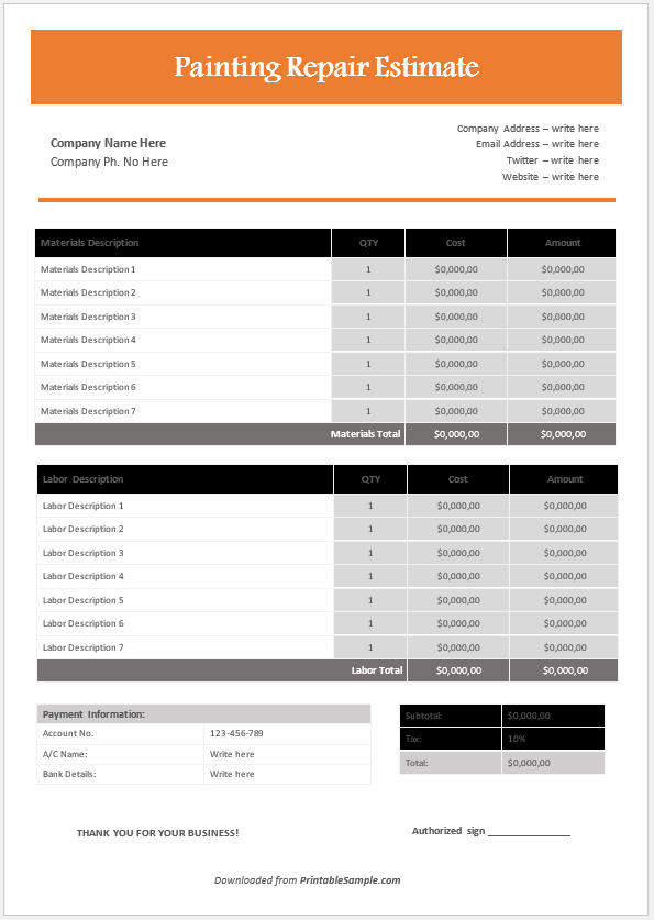 Free Painting Estimate Template Word