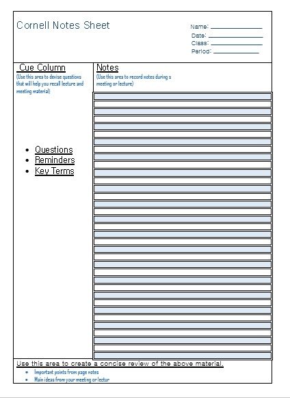 Downloadable Cornell Notes Template from www.printablesample.com