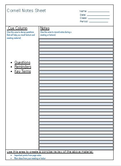 8 Free Cornell Notes Templates - MS Word, MS Excel and PDF