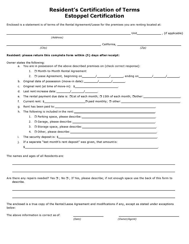 estoppel certificate form 010