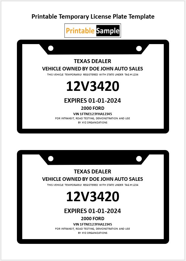 Printable Temporary License Plate Template 01