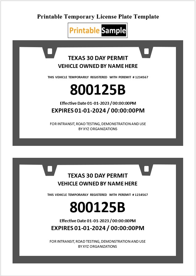 Printable Temporary License Plate Template 02