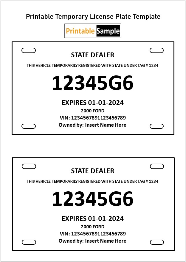 Printable Temporary License Plate Template 03