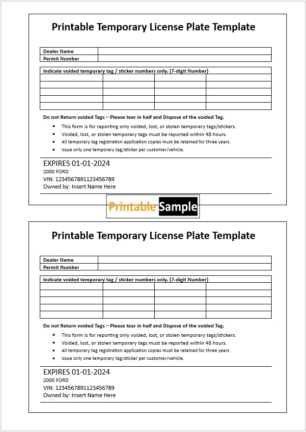 Printable Temporary License Plate Template 05