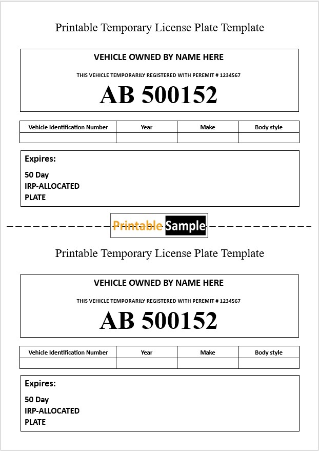Printable Temporary License Plate Template 06