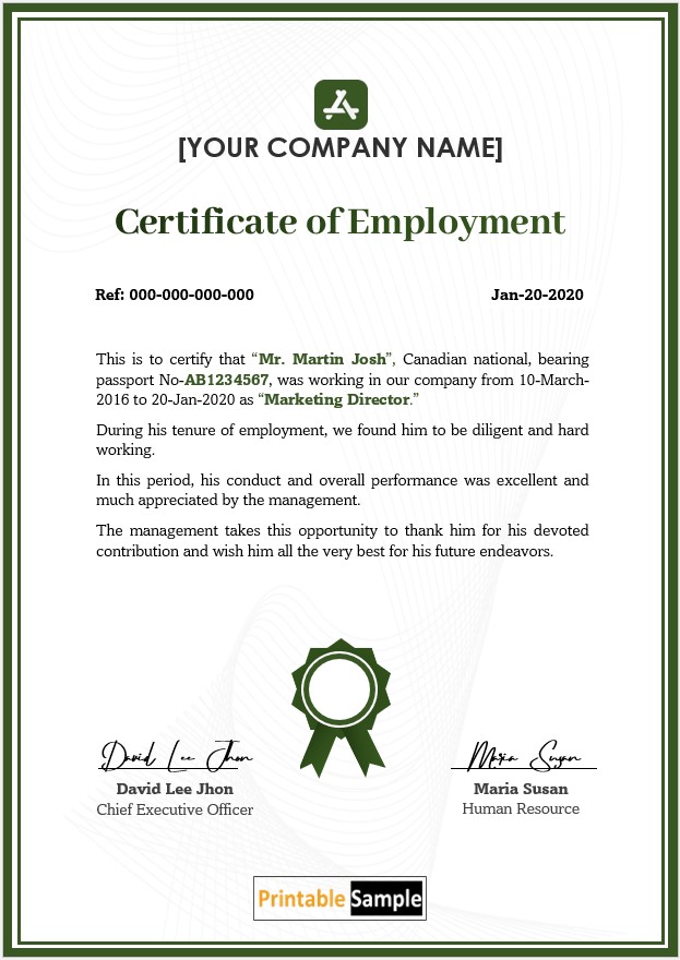 Certificate of Employment for Marketing Director