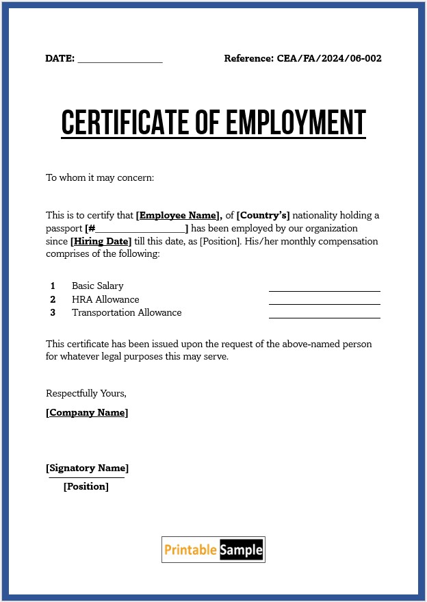 Detailed Employment Certificate with Salary Breakdown