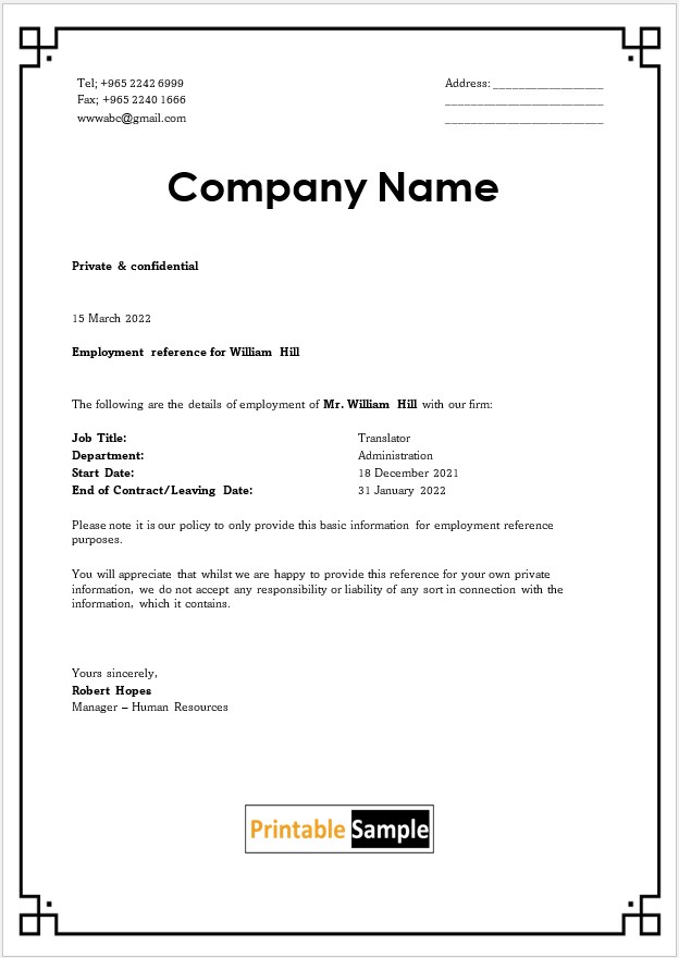 Employment Reference Certificate for Translator Role