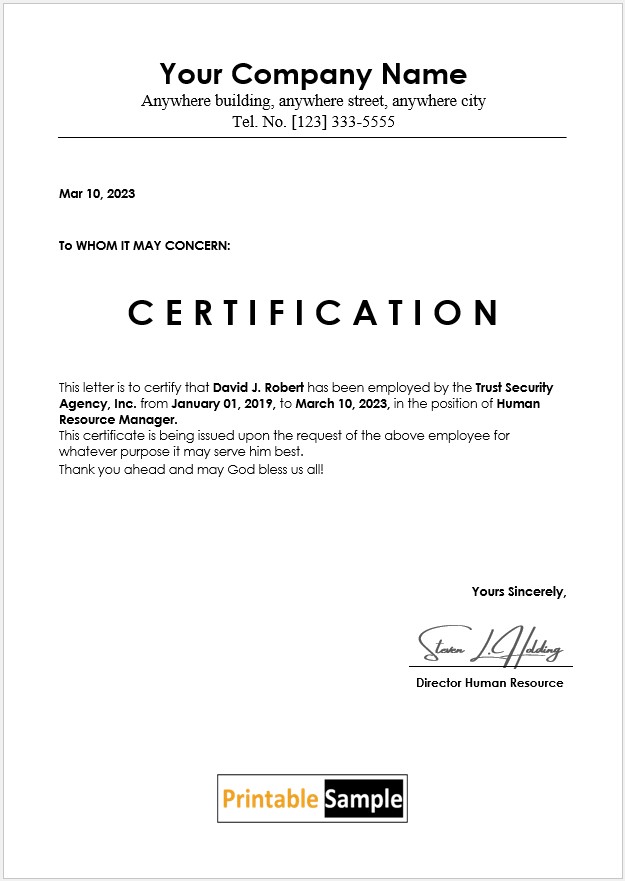 Human Resource Manager Employment Certification Letter
