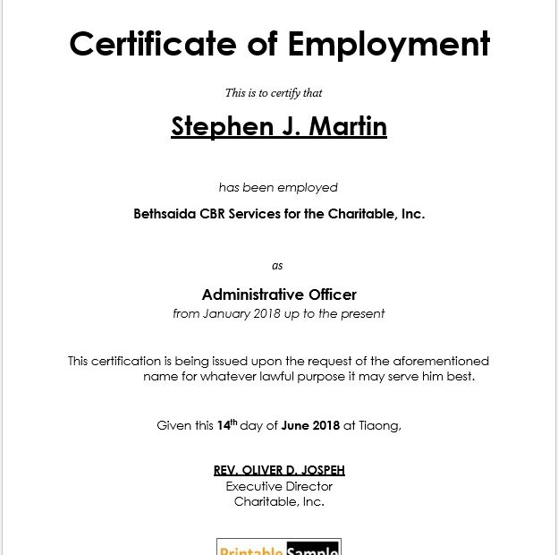 Professional Administrative Employment Certificate Template