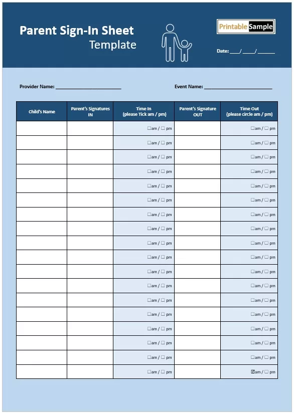 Daily Parent Sign-in Sheet with Signature Column