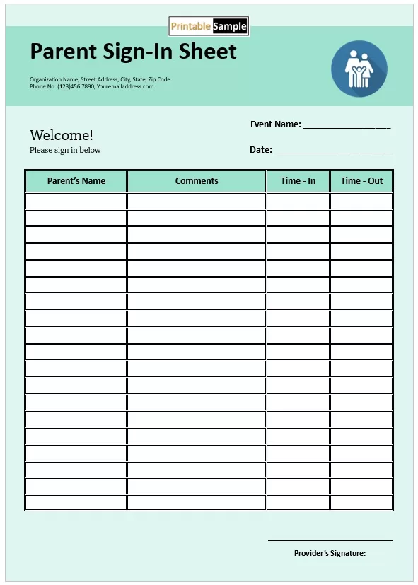 Parent Sign-in Sheet with Time-in and Time-Out