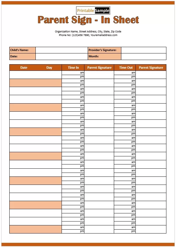 Weekly Parent Sign-in Sheet