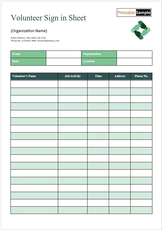 Event sign-in sheet for volunteers