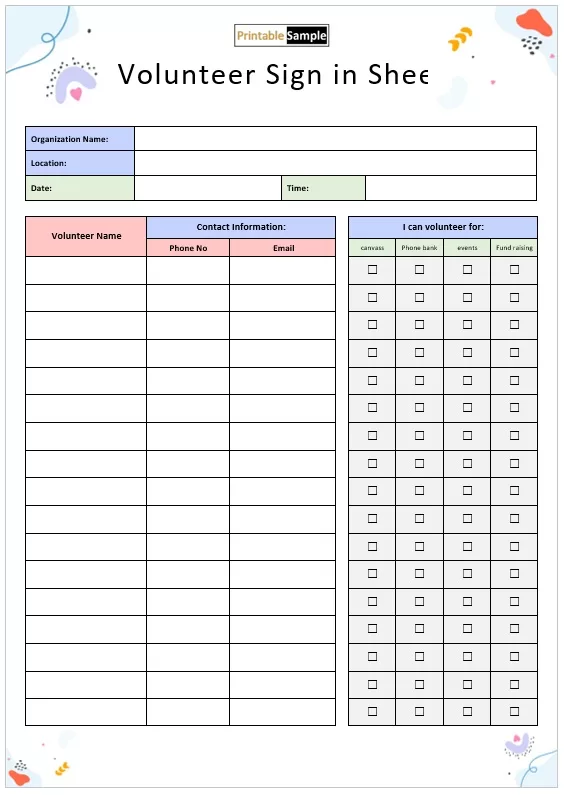 Volunteer Sign-in Sheet with Options