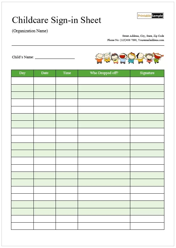 Child drop-off sheet template