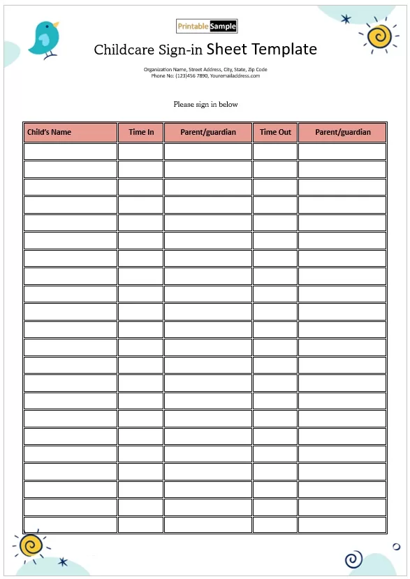 Childcare Sign-in Sheet Template
