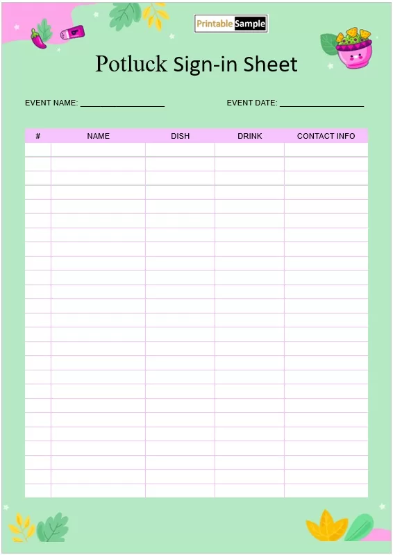 Colorful Potluck Sign-in Sheet Template