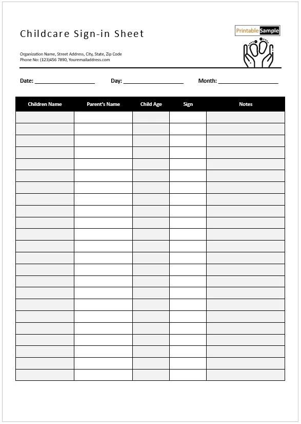 Parent signature sheet for daycare