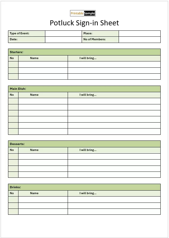 Potluck Sign-in Sheet Template