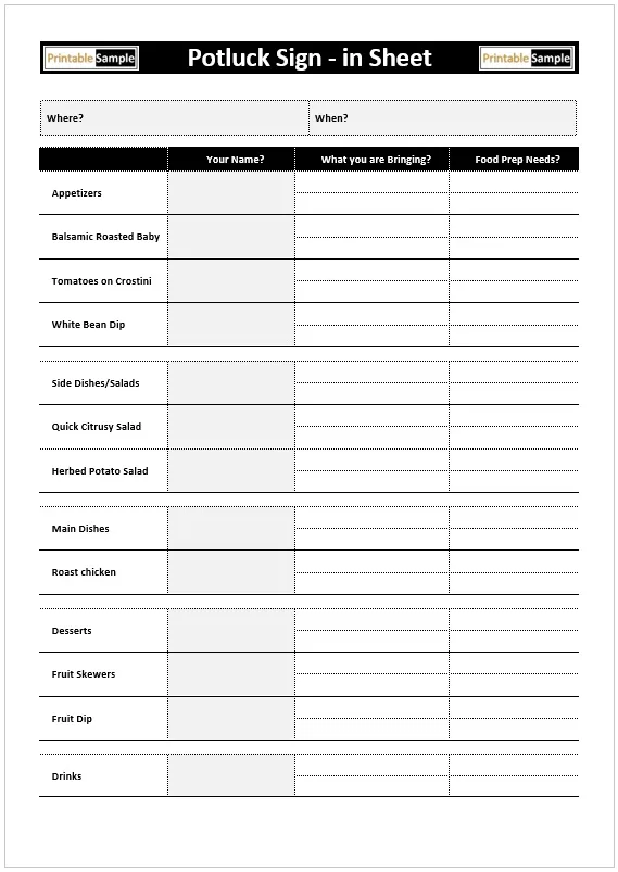 Printable Potluck Sign-in Sheet Template