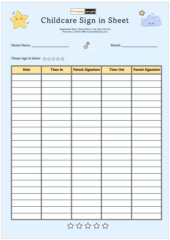Printable sign-in sheet for childcare