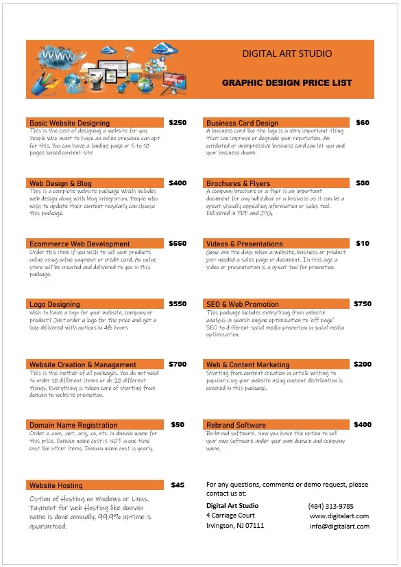 Art Studio Price List Template
