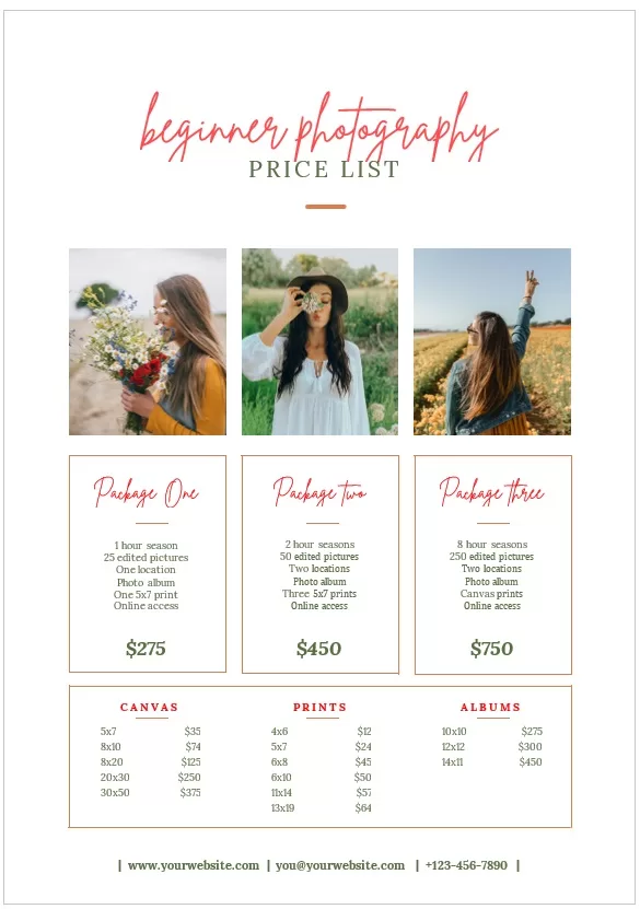 Beginner Photography Price List Template