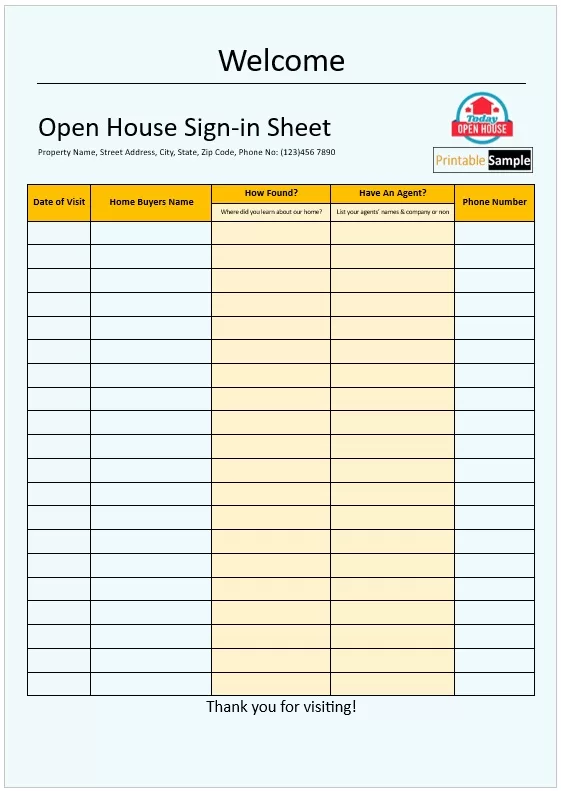 Open House Sign-in Sheet Template 06